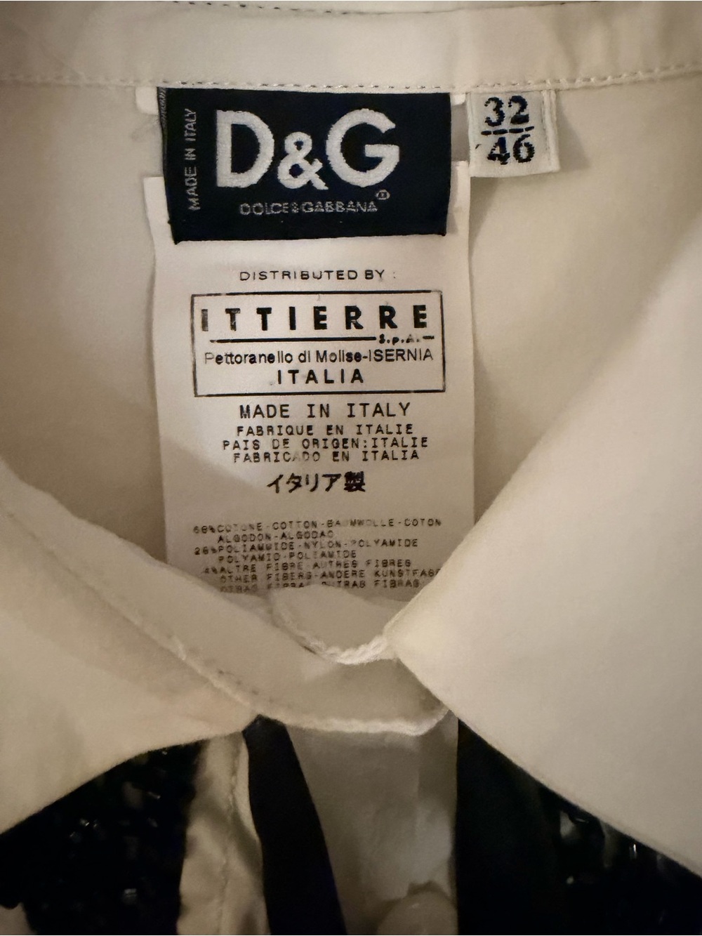 Dolce & Gabbana Ivory Button-Down Shirt with Black Lace Placket and Cuffs